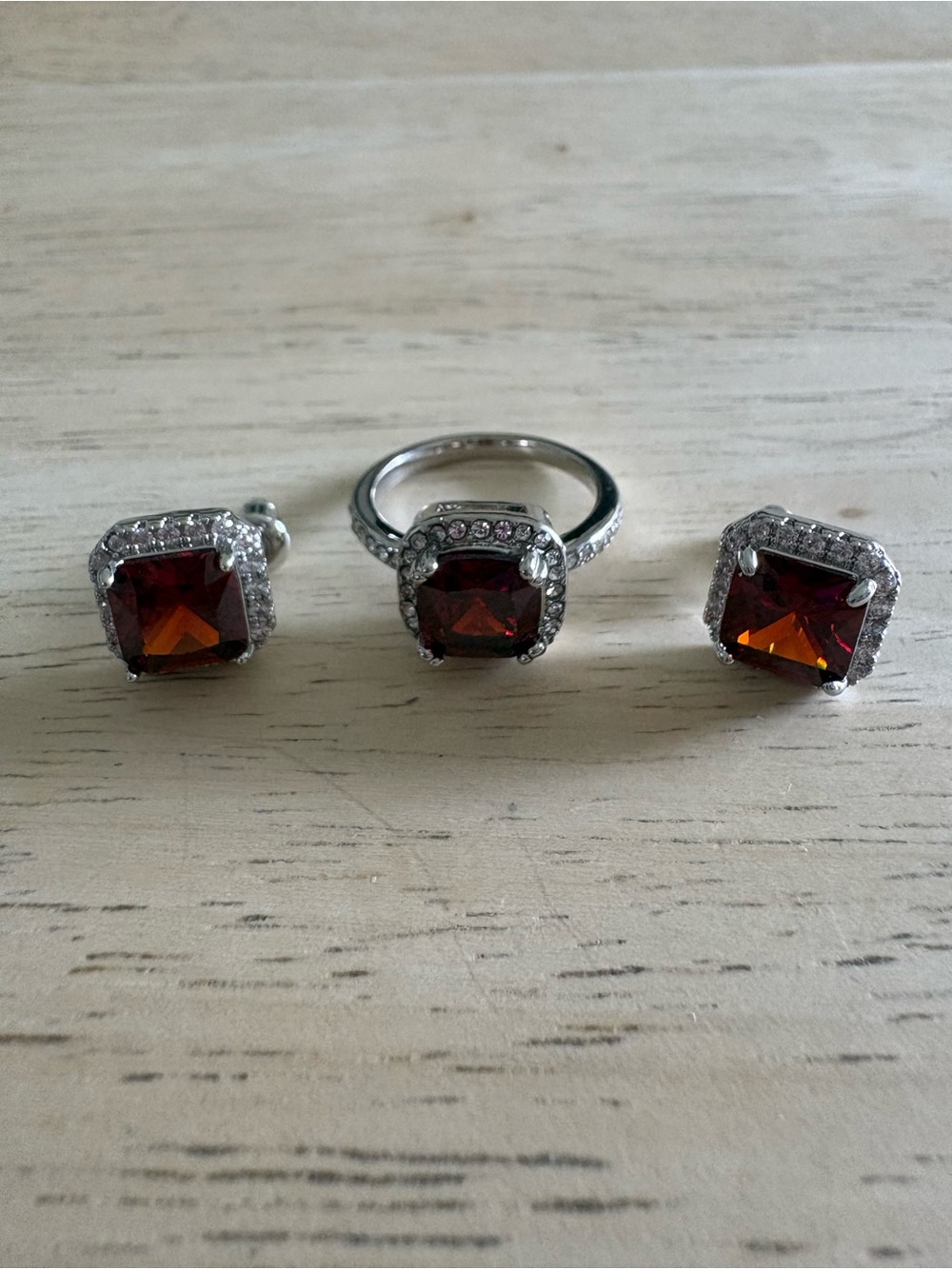 Sterling-Style Garnet Square Halo Ring with Matching Studs Set